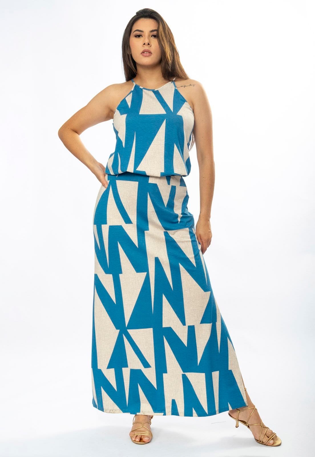 Vestido Longo Amazônia Vital Malha Trapézio com Elástico na Cintura Estampa Geometric Blue
