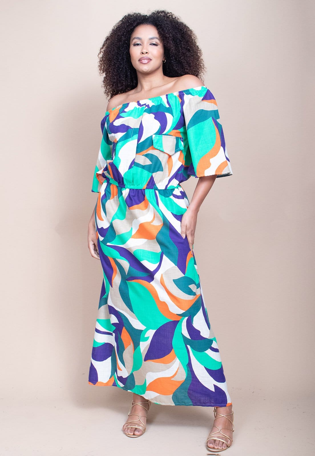 Vista principal Vestido Midi Cabanafree Ciganinha Viscose com Lapela Estampa Brisa do Mar Cabanafree azul/estampado/laranja