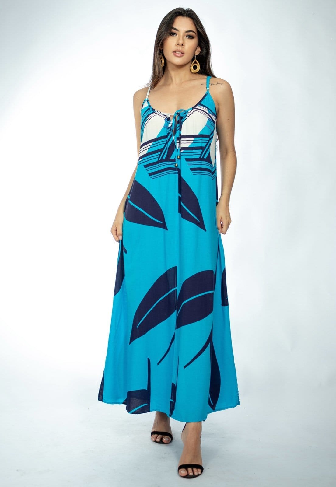 Vista 2 Vestido Longo Caçuá Viscose Amazonia Vital Alça Fina Estampa Imbé Amazonia Vital azul/estampado/blue