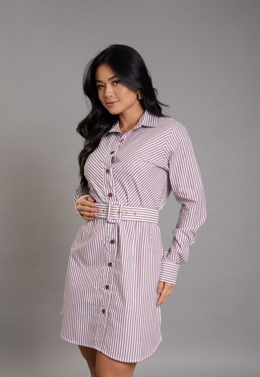 Vestido Midi Listrado Manga Longa com Cinto Lemier Collection