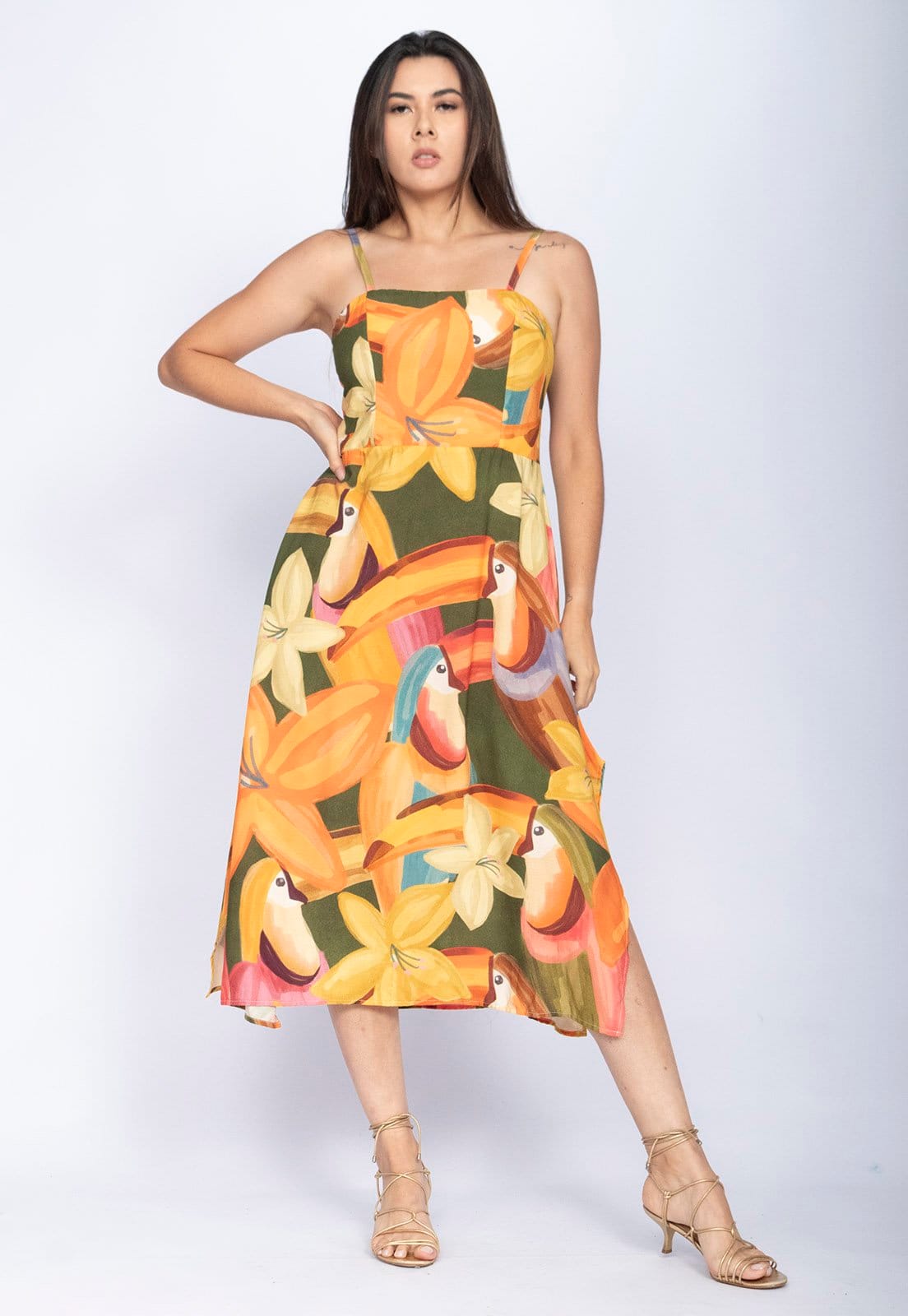 Vista 2 Vestido Amazonia Vital Midi Alça Fina Estampa Flowers & Tucanos Amazonia Vital estampado/verde