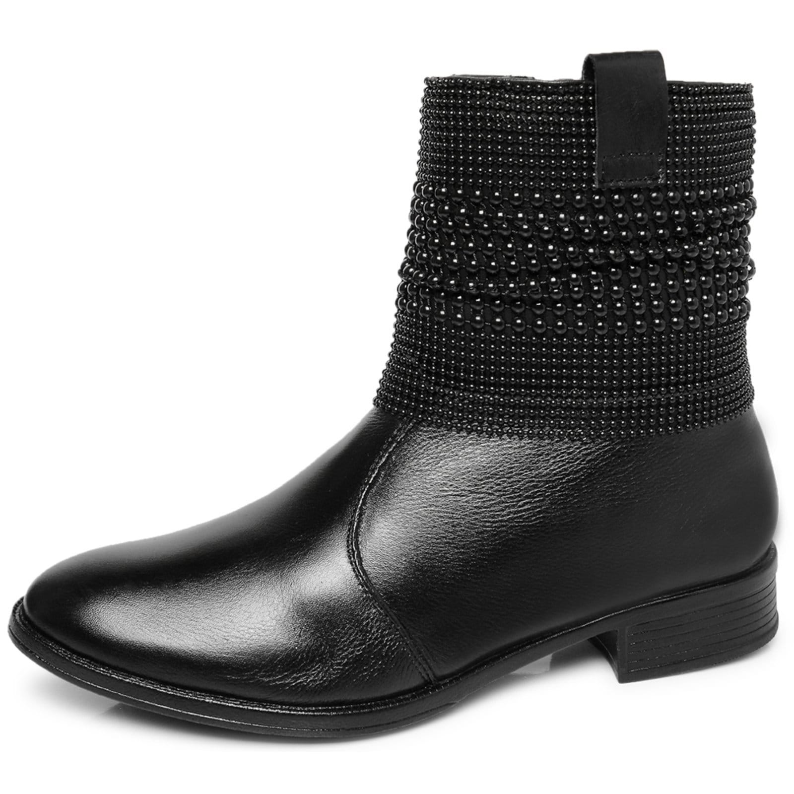 Vista principal Bota Feminina Couro Malha Metal Bico Redondo Cano Curto Salto Baixo Preta Ferrile preto