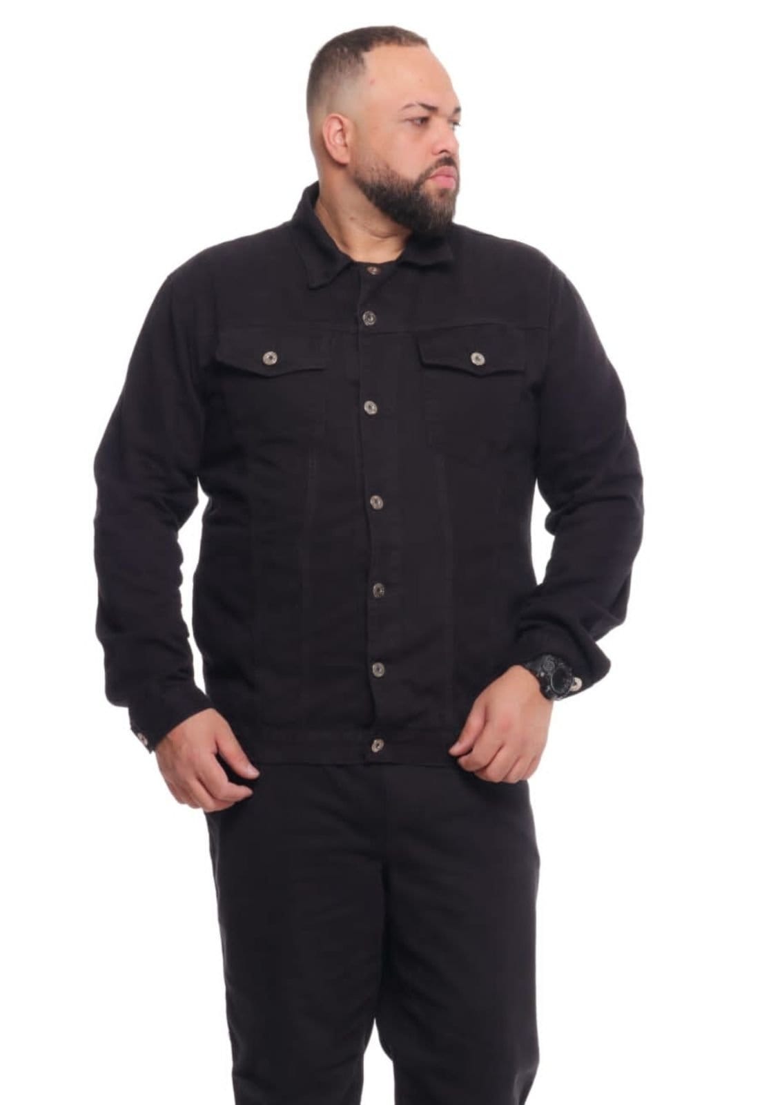 Vista 2 Jaqueta Preta Sarja Masculina Plus Size Alleppo Genebra Alleppo Jeans preto