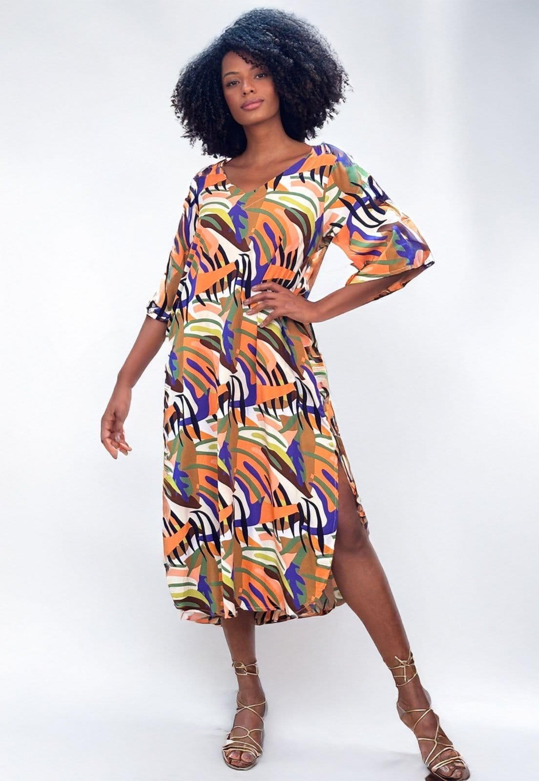 Vestido Midi Amazonia Vital Abapã Plano com Bolso Estampa Cores Vibrante