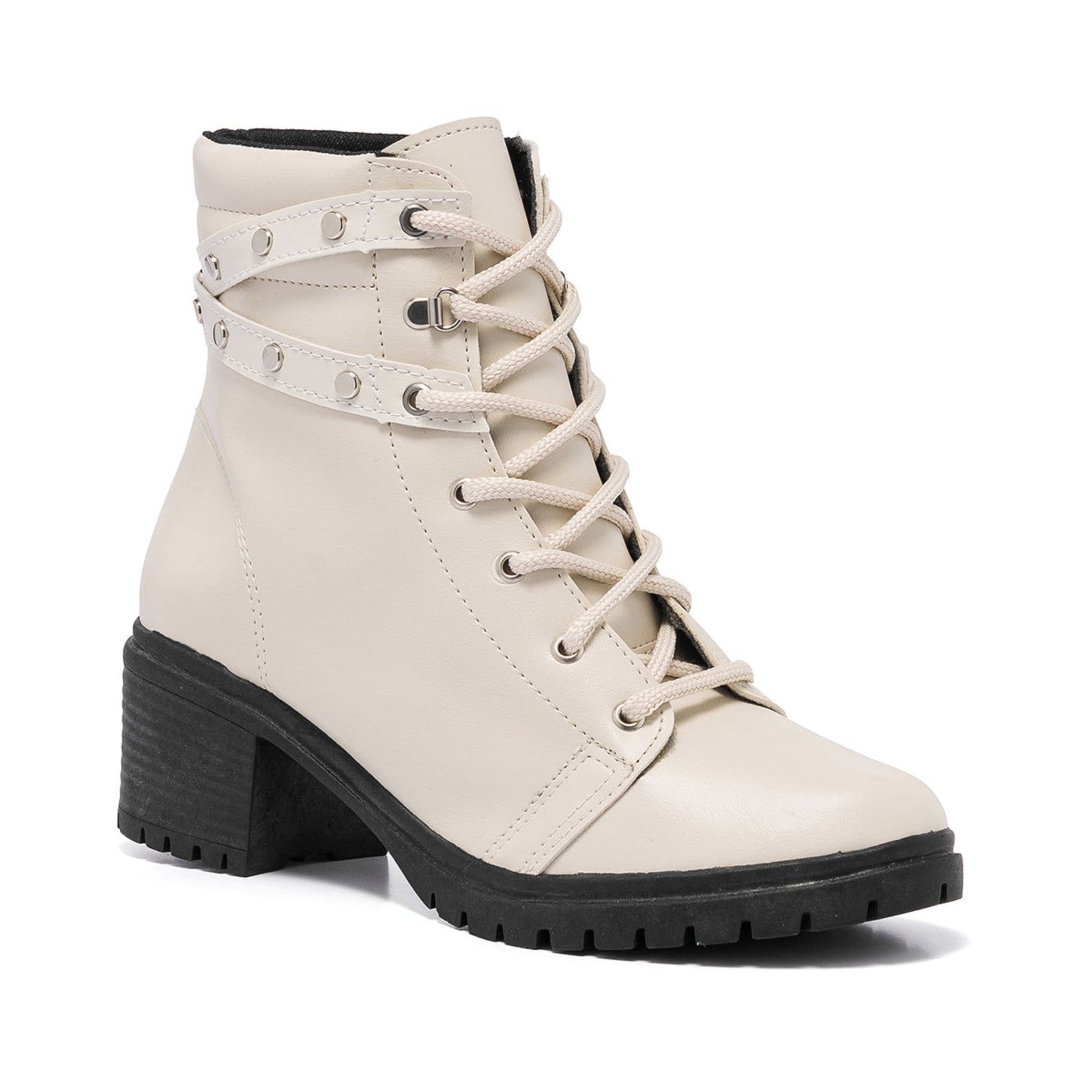 Vista 2 Bota Coturno Feminina Cano Baixo Tratorada Off White Confort - Tachinhas Stessy Shoes off-white white