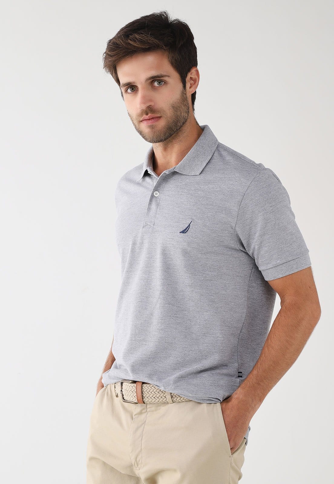 Vista principal Polo Masculina Nautica Tradicional Mescla Nautica cinza