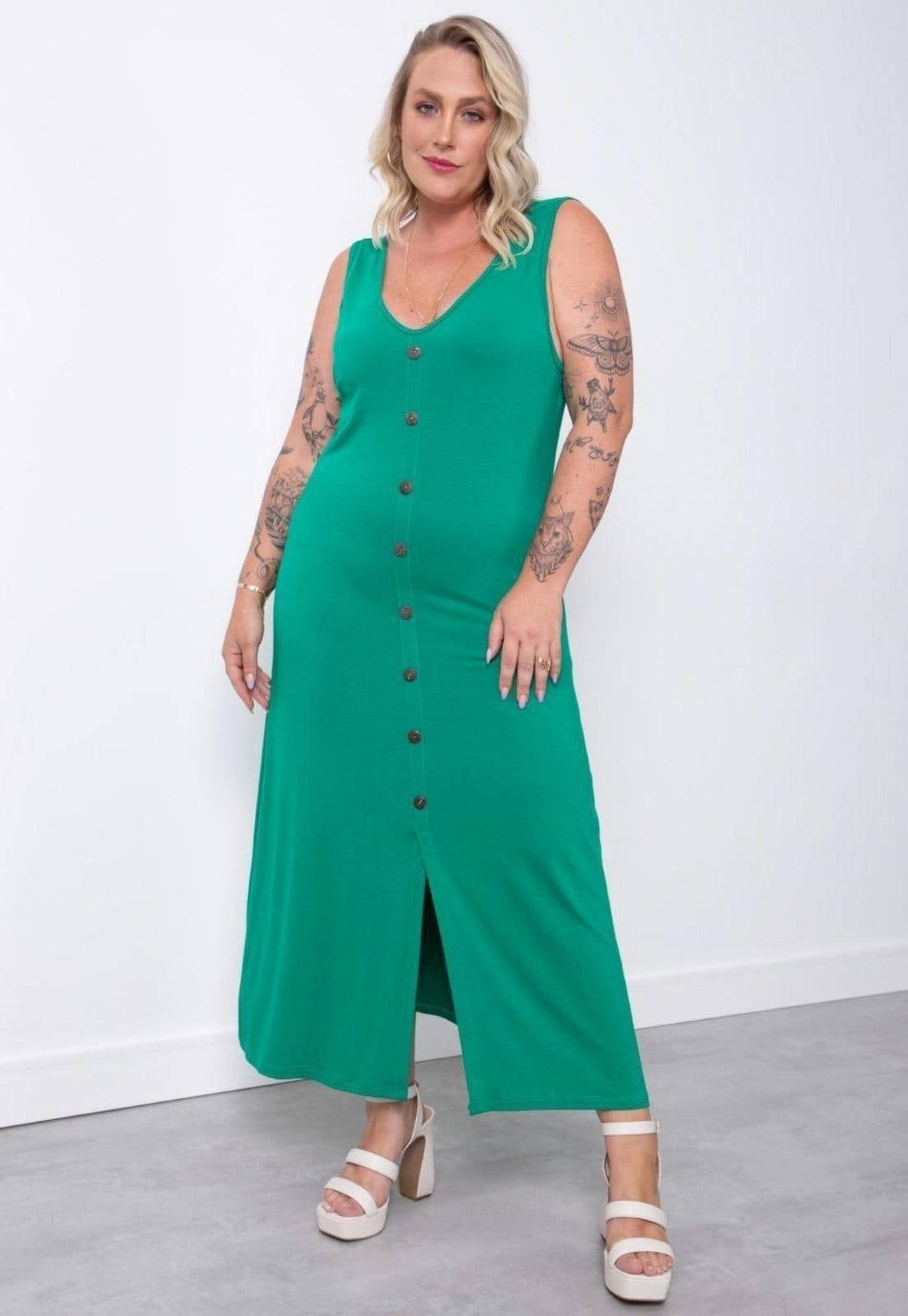 Vestido Midi Sem Mangas Com Botões