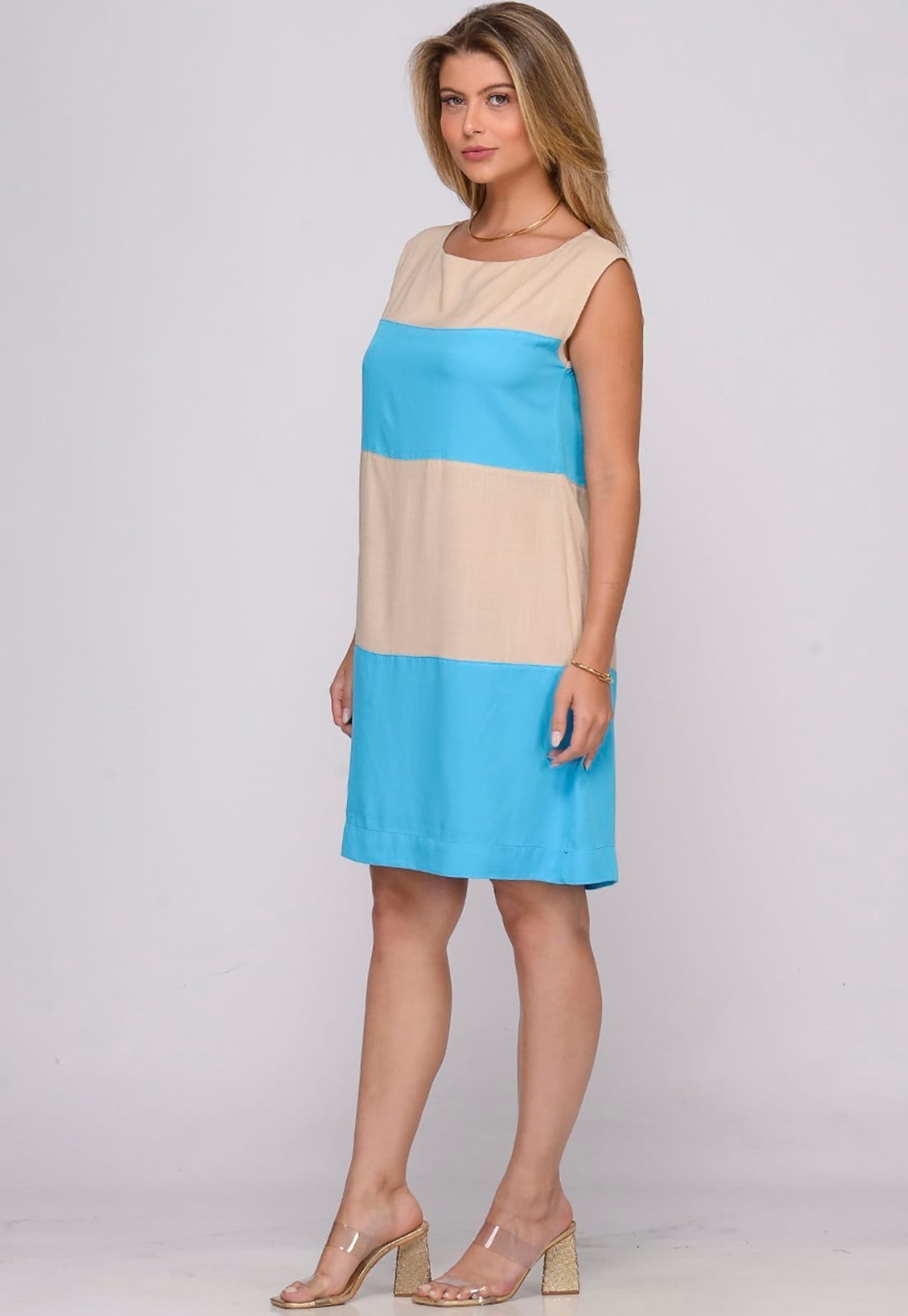 Vista 2 Vestido Curto Sem Mangas B’Bonnie Luara Bege/Azul BBonnie bege azul