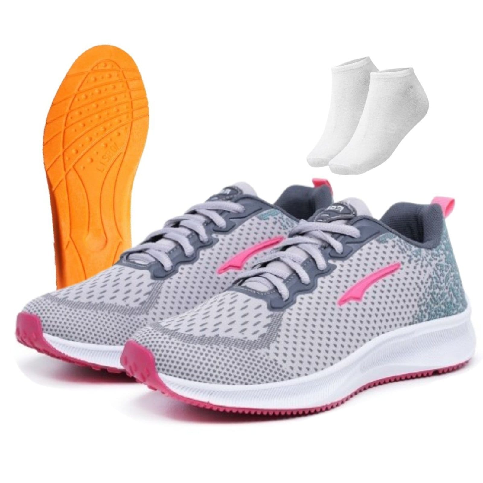 Vista principal Kit Tênis Feminino Academia Casual Esportivo Macio Ortopédico Pink + Meia e Palmilha Bia Ramos cinza/pink pink