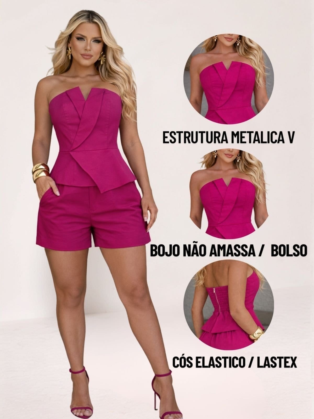 Vista 2 Conjunto Feminino Tropical Fashion Tomara Que Caia e Shorts Alfaiataria Berry TROPICAL FASHION rosa