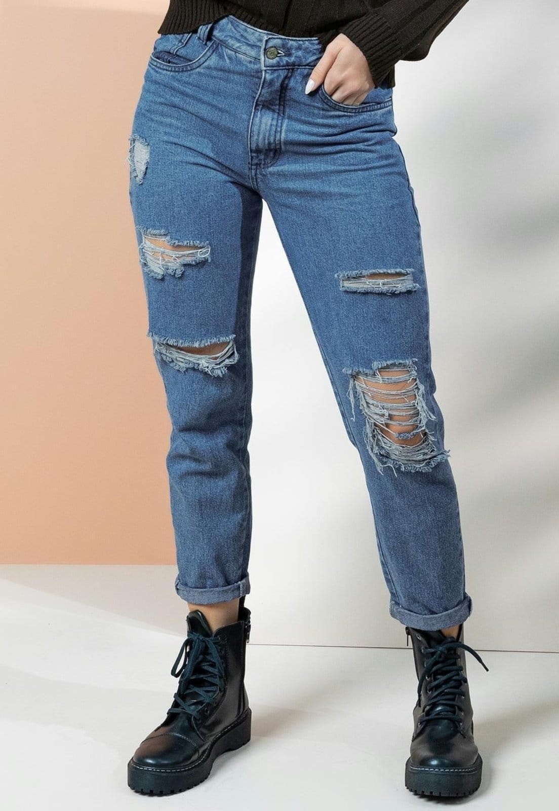 Vista principal Calça Com Rasgados E Bolsos Quintess azul