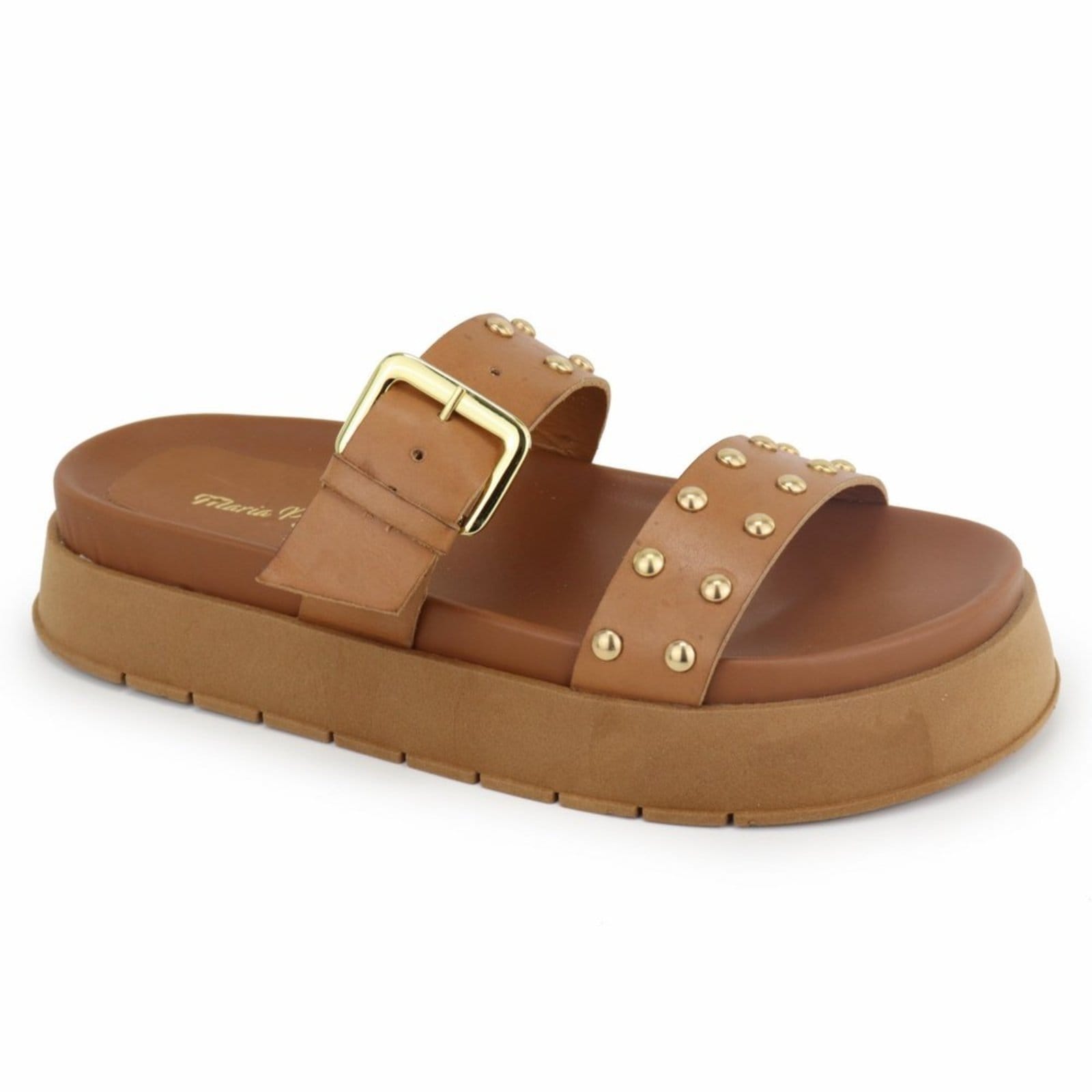 Vista 2 Sandália Papete Flatform Feminina Conforto em Couro Cravo Maria Paula Camel MARIA PAULA caramelo