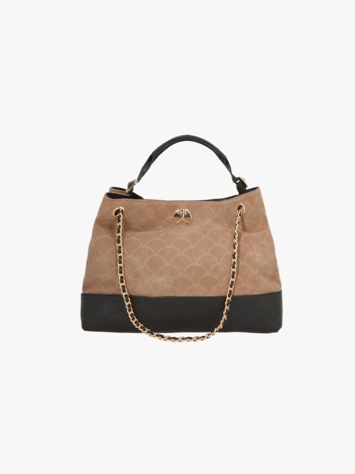 Bolsa Média Couro Preto E Camurça Com Fecho Dourado