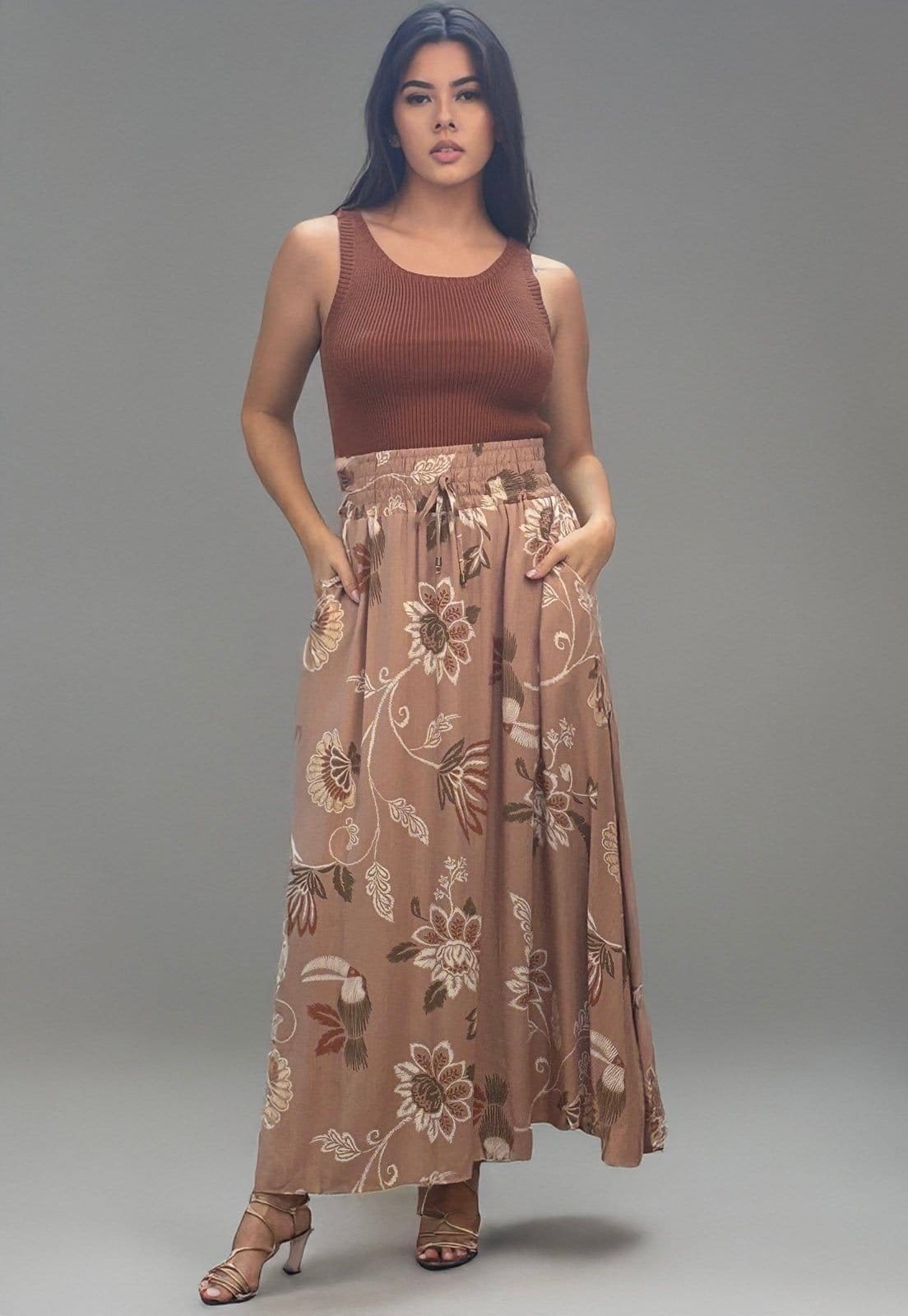 Vista principal Saia Longa Cabanafree Estampa Marrom Cabanafree off-white