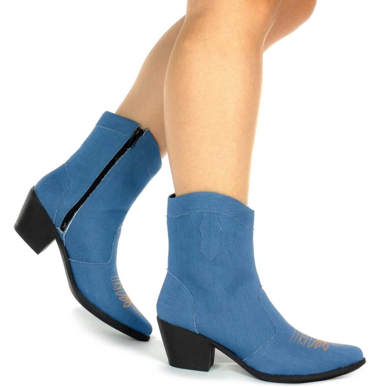 Vista 2 Bota Texana Feminina Cano Curto Salto Baixo Grosso Confortável Via Angel 6901. Claro VIA ANGEL jeans