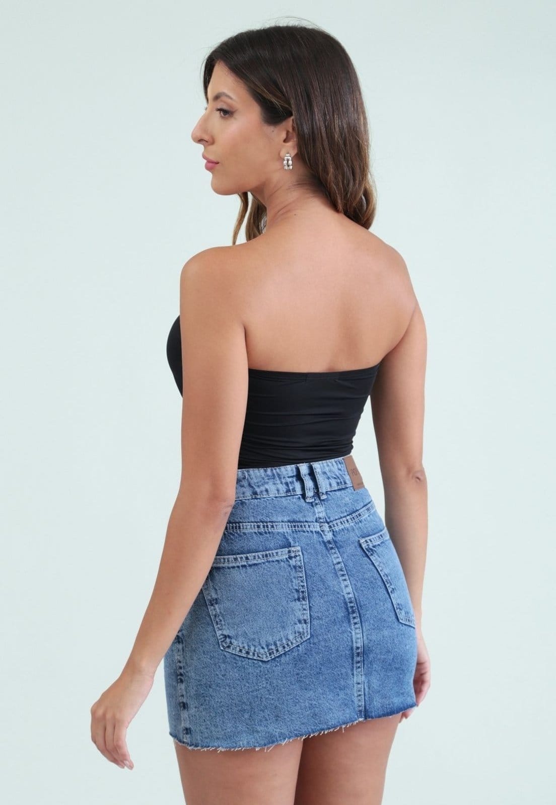 Vista 2 Saia Jeans Pop Me Curta Com Strass Pop Me azul