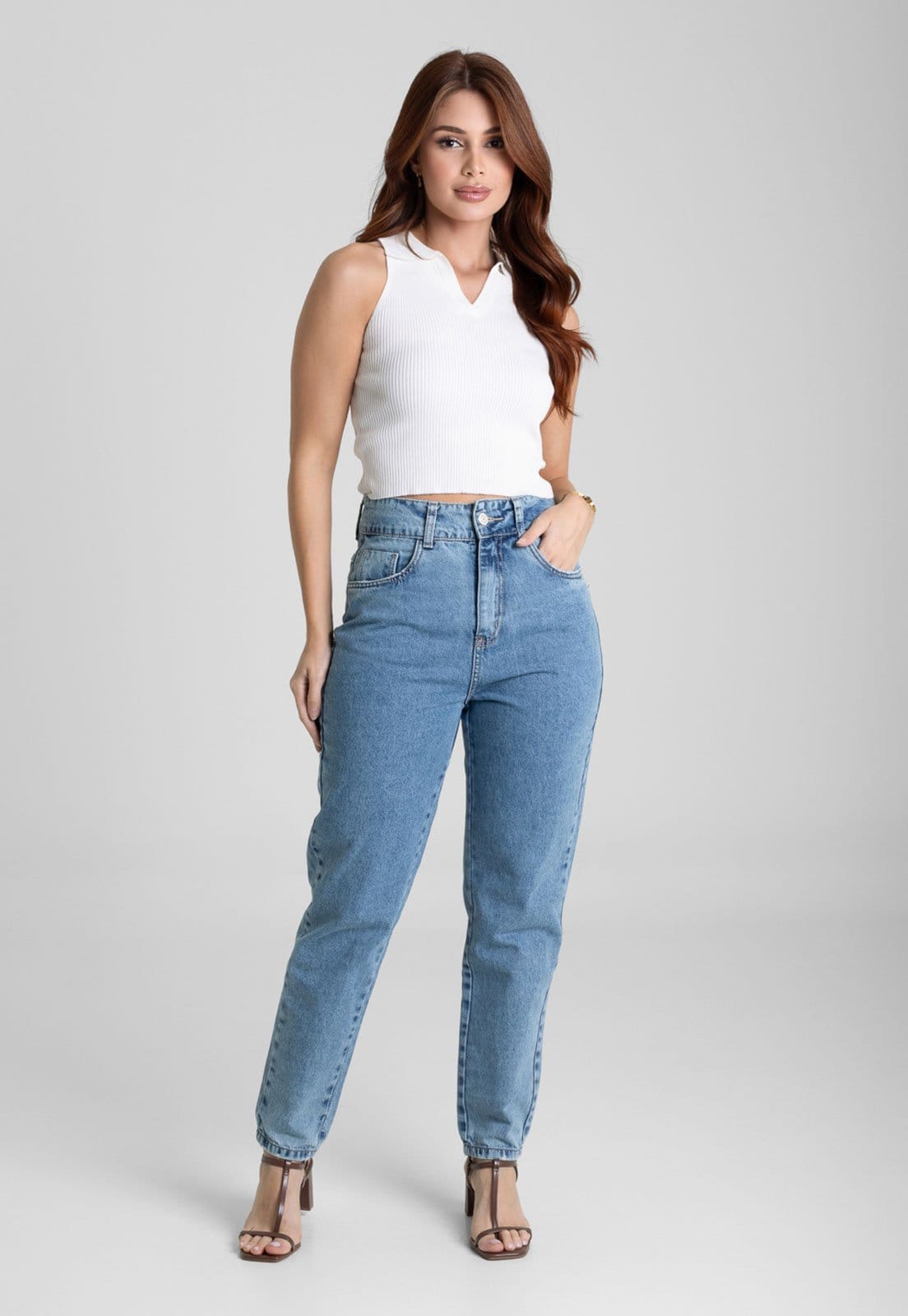 Vista 2 Calça Feminina Sawary IBINI Cintura Média Sawary azul