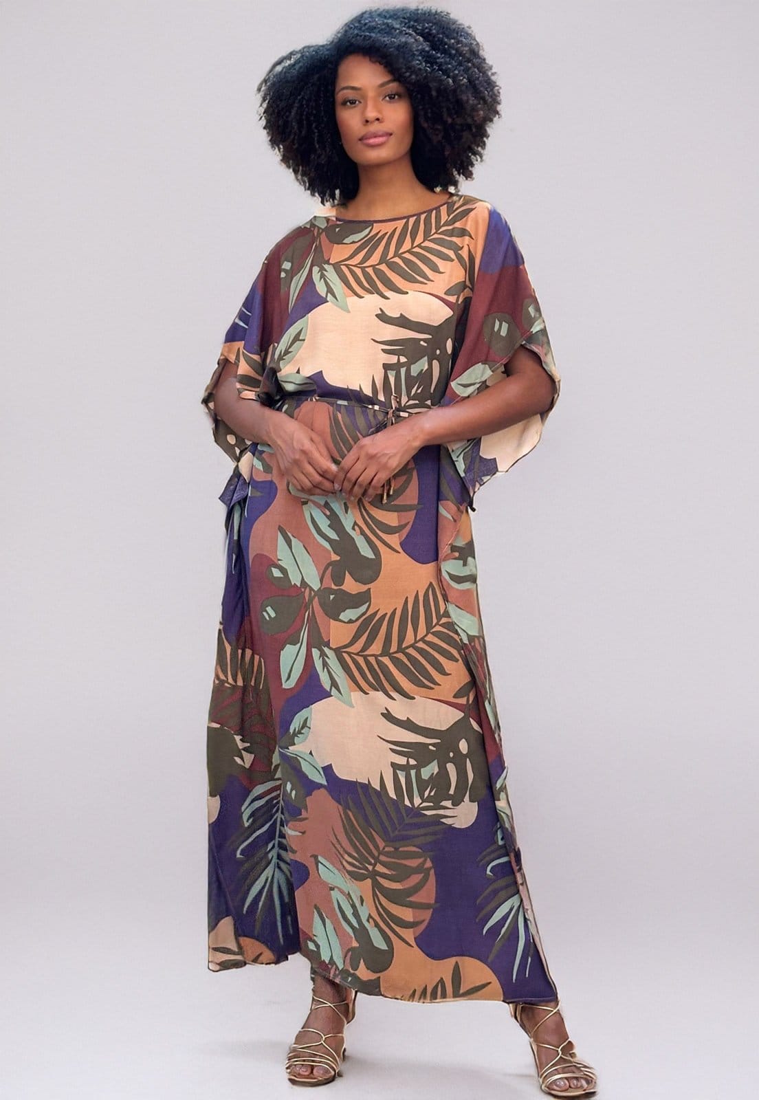 Vista principal Vestido Amazonia Vital Kaftan Viscose Longo Estampa Outono Amazonia Vital azul/estampado/marrom