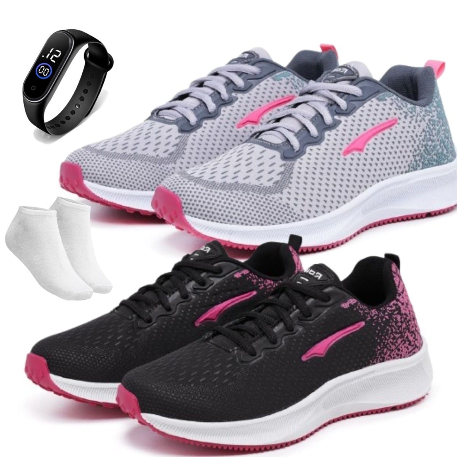 Kit 2 Tênis Femininos Ortopédicos Confortável Básico Casual Esportivo Para Academia Corrida Grafite + Relógio e Meia