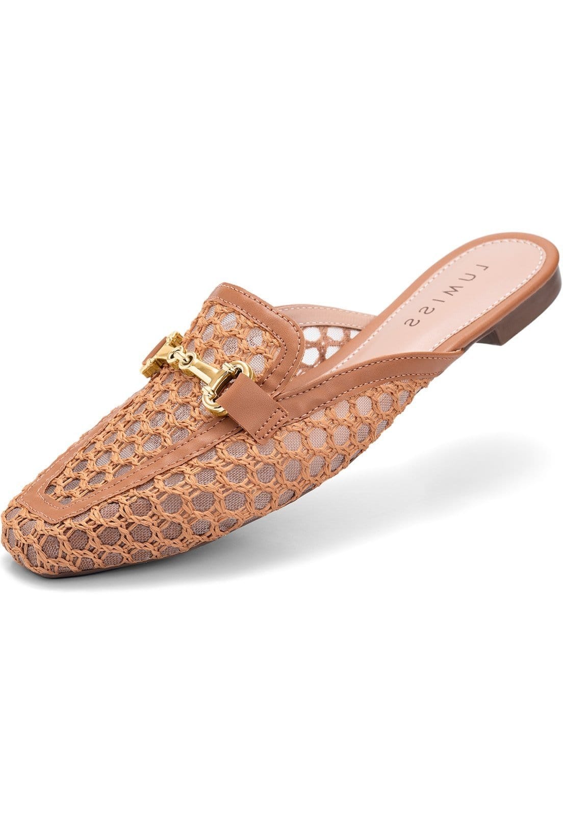 Mule Feminino Lumiss Material Natural Tela Bico Quadrado Confortável Enfeite Dourado Caramelo