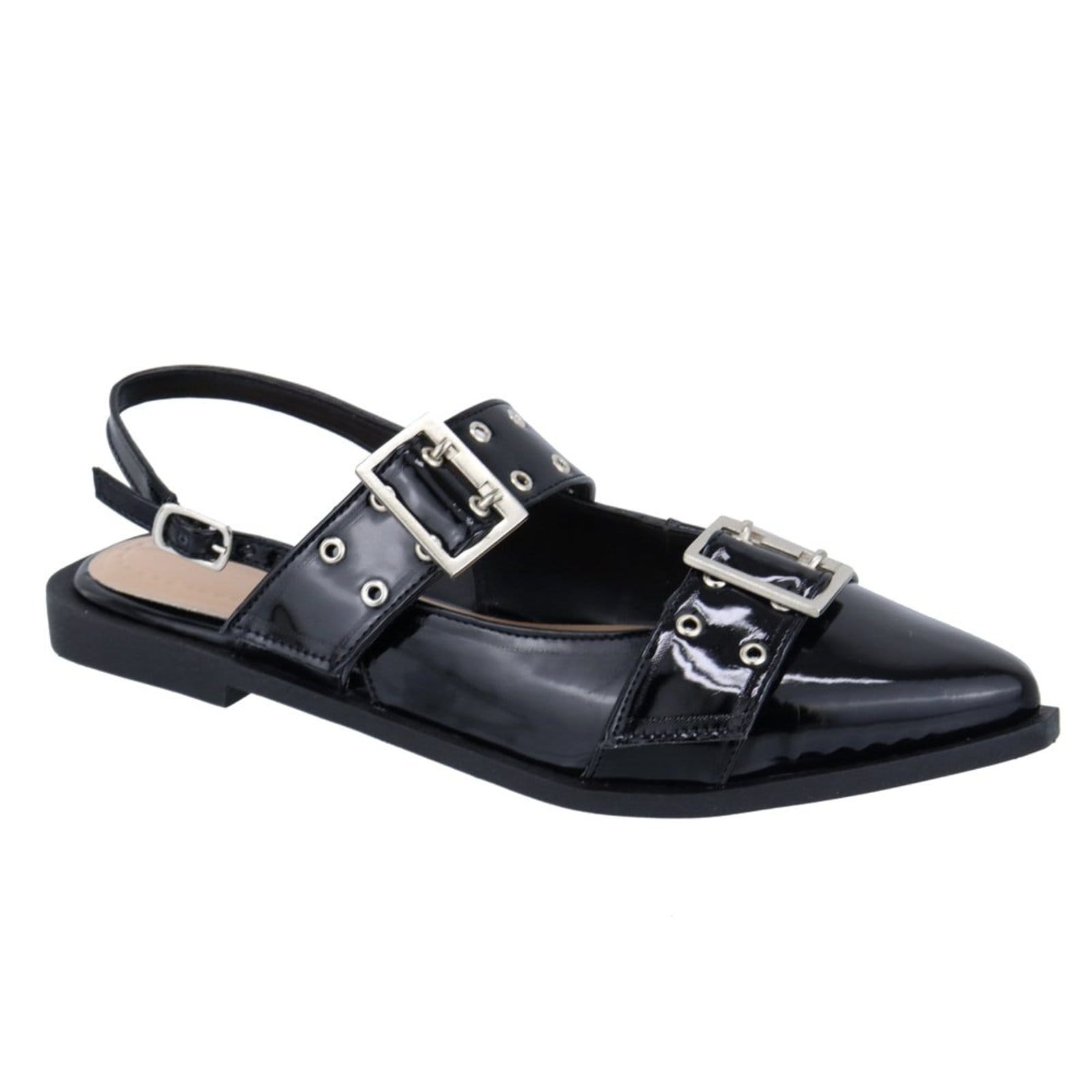 Vista principal Sapatilha Slingback Rasteira Feminina Bico Fino 184201 Verniz Flor da Pele preto