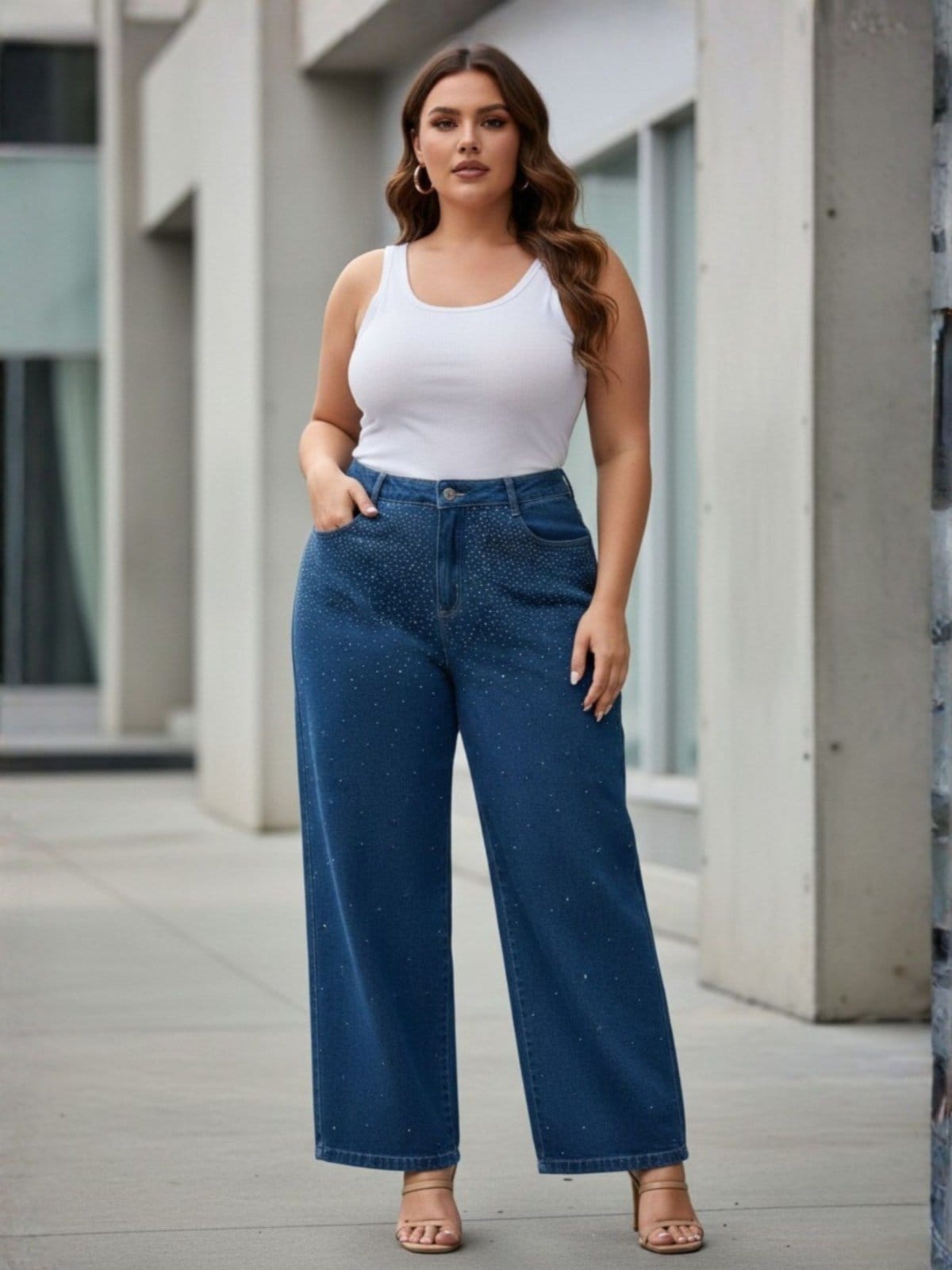 Calça Jeans Feminina Plus Size Reta Brilhos Cintura Alta Bolsos Azul Escuro Barra Feita