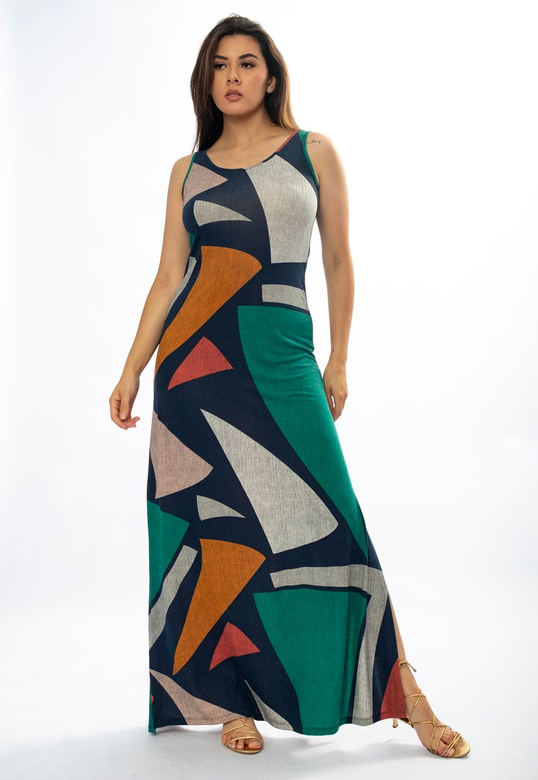 Vista 2 Vestido Longo Amazônia Vital Butiá Malha Regata Estampa Geometrias do Tempo Amazonia Vital azul marinho/cinza/estampado/laranja/verde