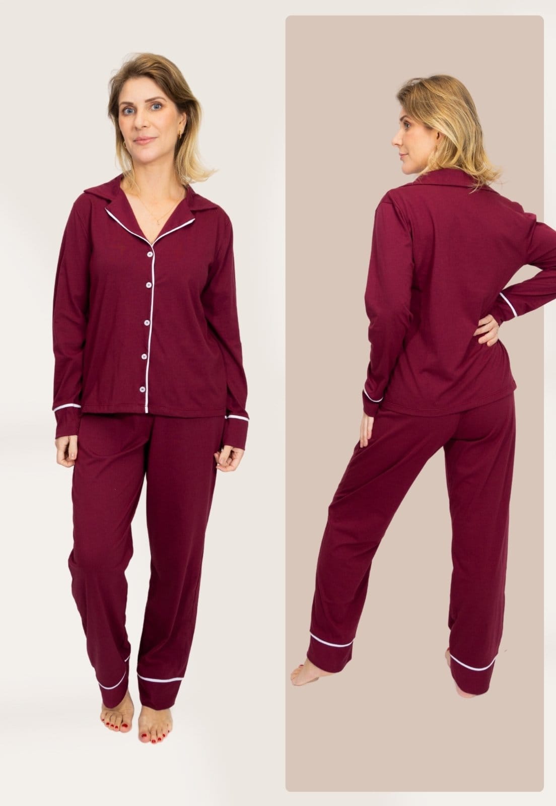 Vista 2 Pijama Algodão Americano Feminino Longo Piante Fernanda Piante bordô