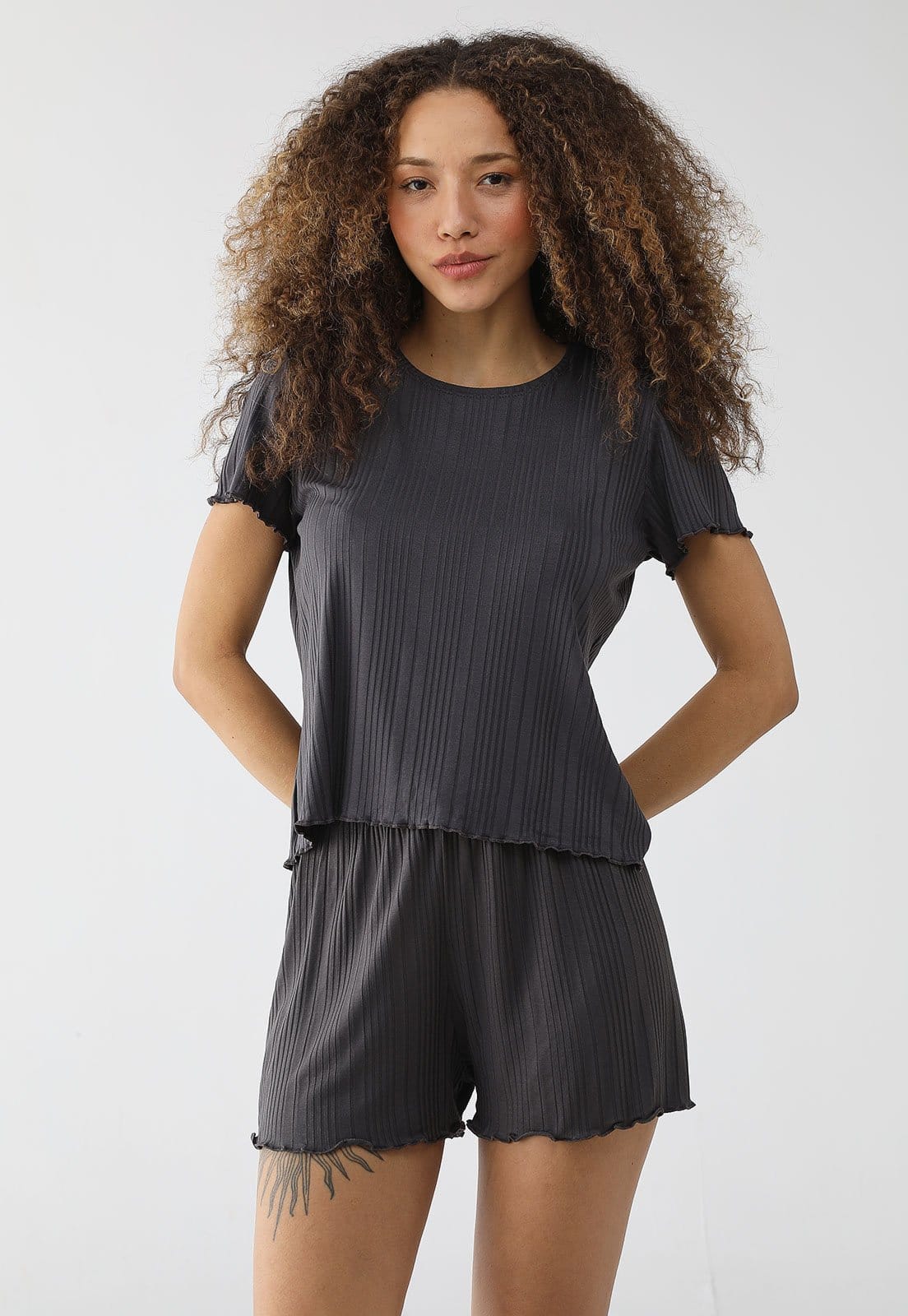 Pijama Curto Feminino Malwee Textura Canelada Grafite