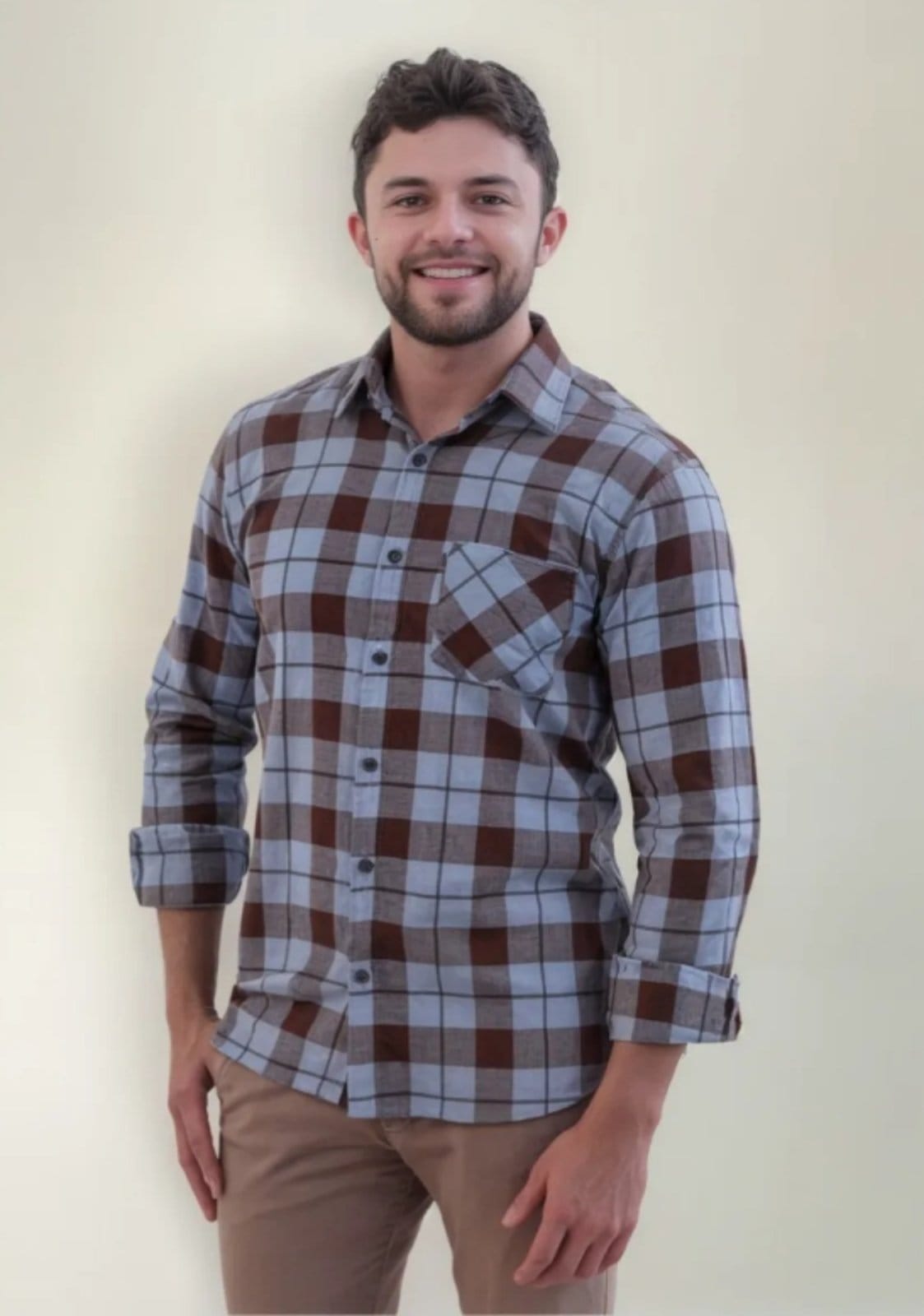 Vista 2 Camisa Flanela Amil Xadrez Comfort Com bolso Manga longa Luxo Cor07 Amil azul