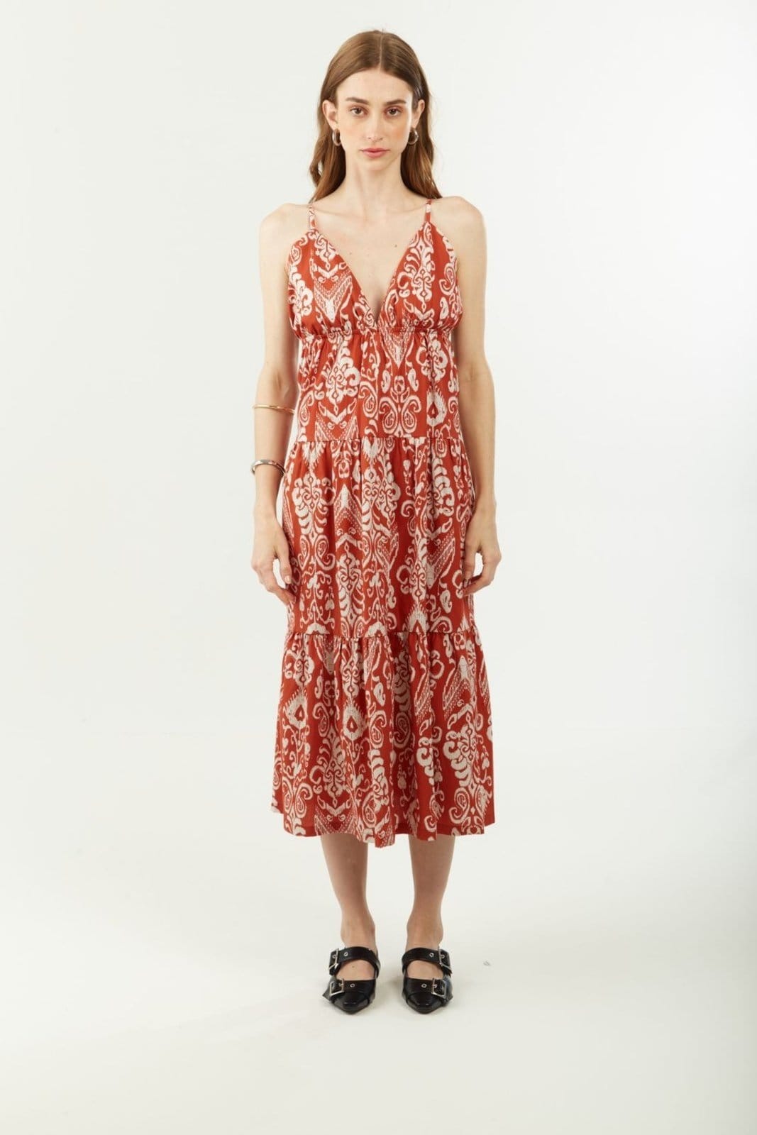 Vista 2 Vestido Zinco Ajustado Decote V Com Alça Longo Zinco vermelho