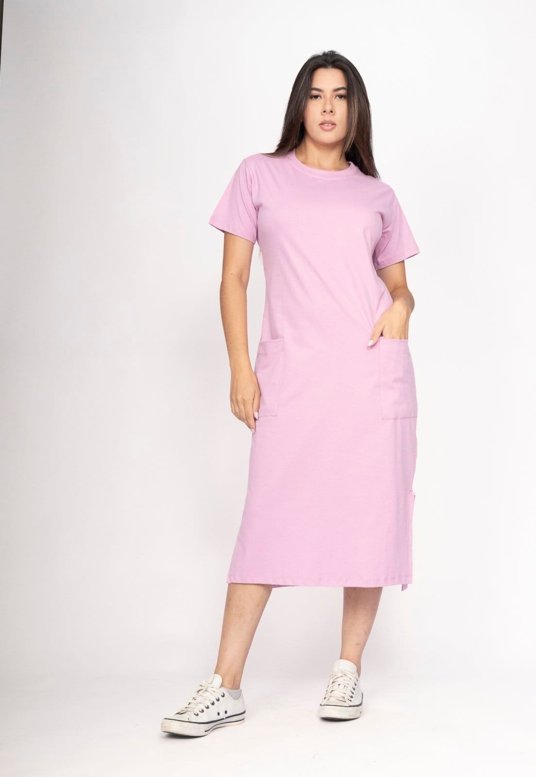 Vista 2 Vestido CabanaFree Midi Algodão Manga Curta 02 Bolsos Flor de Açaí Cabanafree rosa