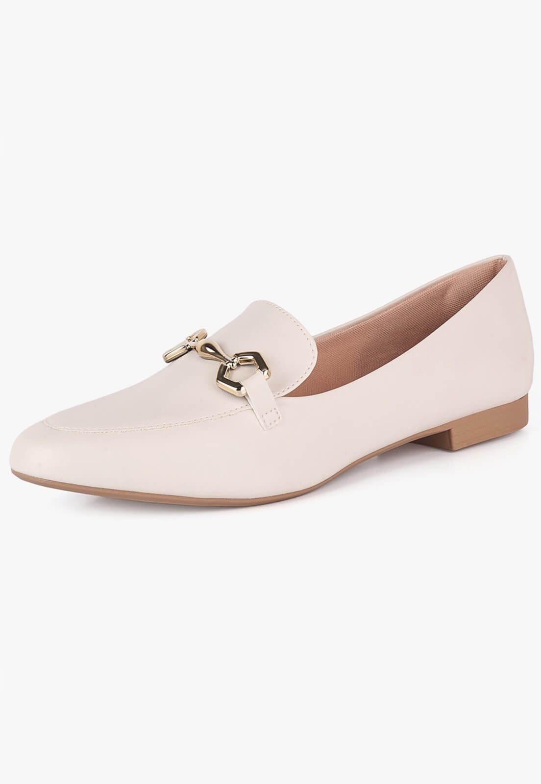 Mocassim Feminino Takata Sapato Bico Rendondo Bridão Abs Metal OffWhite