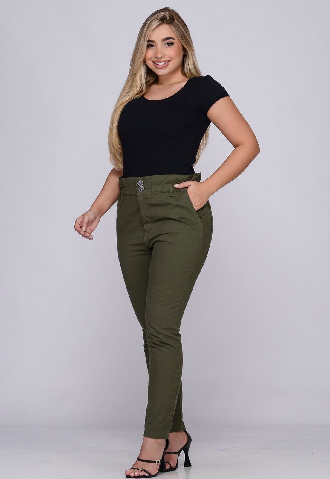 Vista 2 Calça Clochard de Sarja Feminina Cintura Alta 7921 Macaw verde/verde militar/verde oliva verde