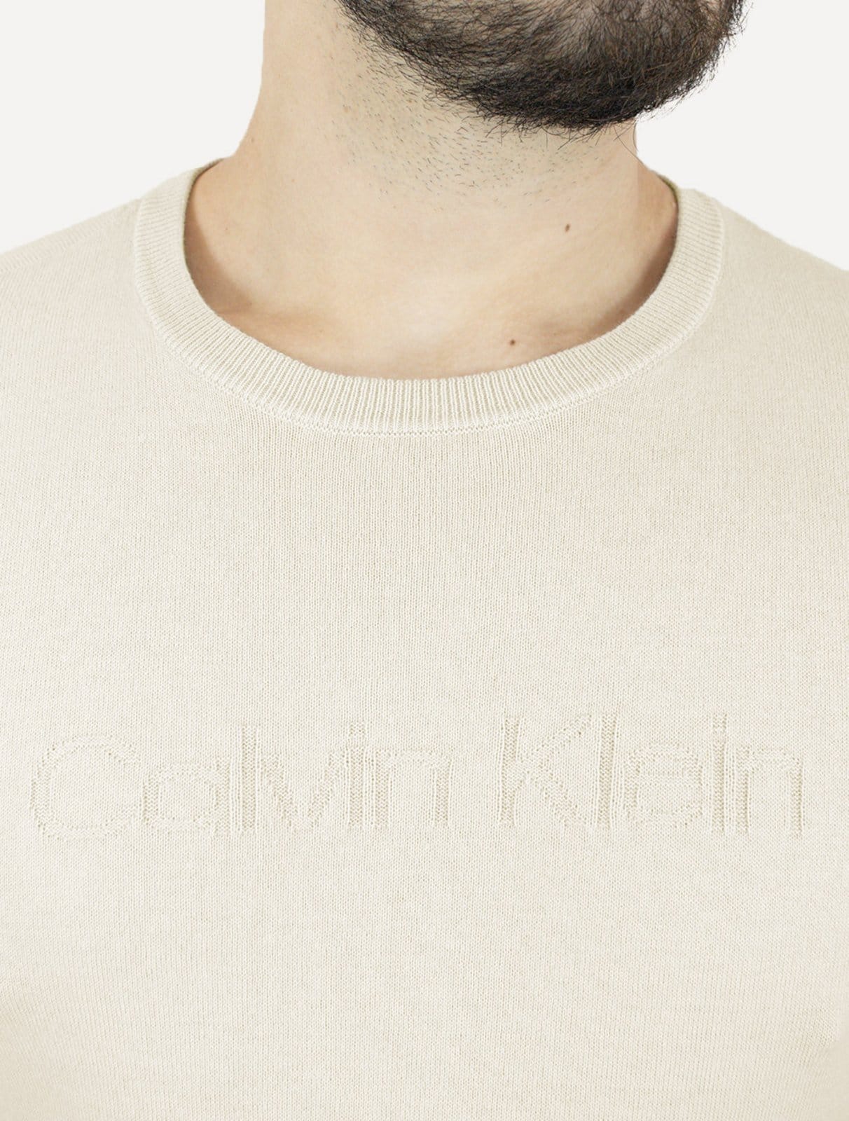 Vista 2 Suéter Calvin Klein Jeans Masculino Crewneck Tricot Liso Areia Calvin Klein bege
