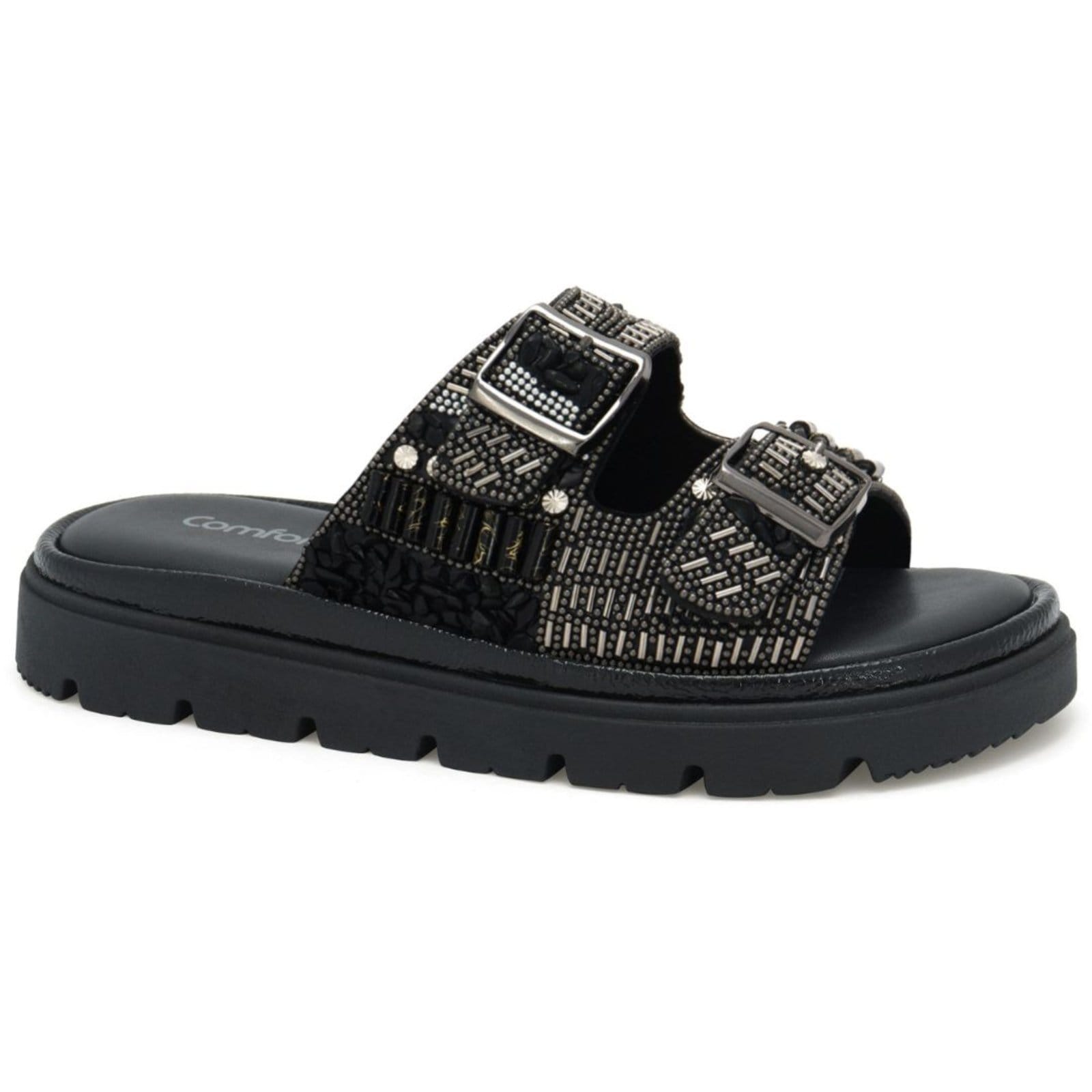 Sandália Feminina Flat Preta Pedraria Comfortflex 2546435-1