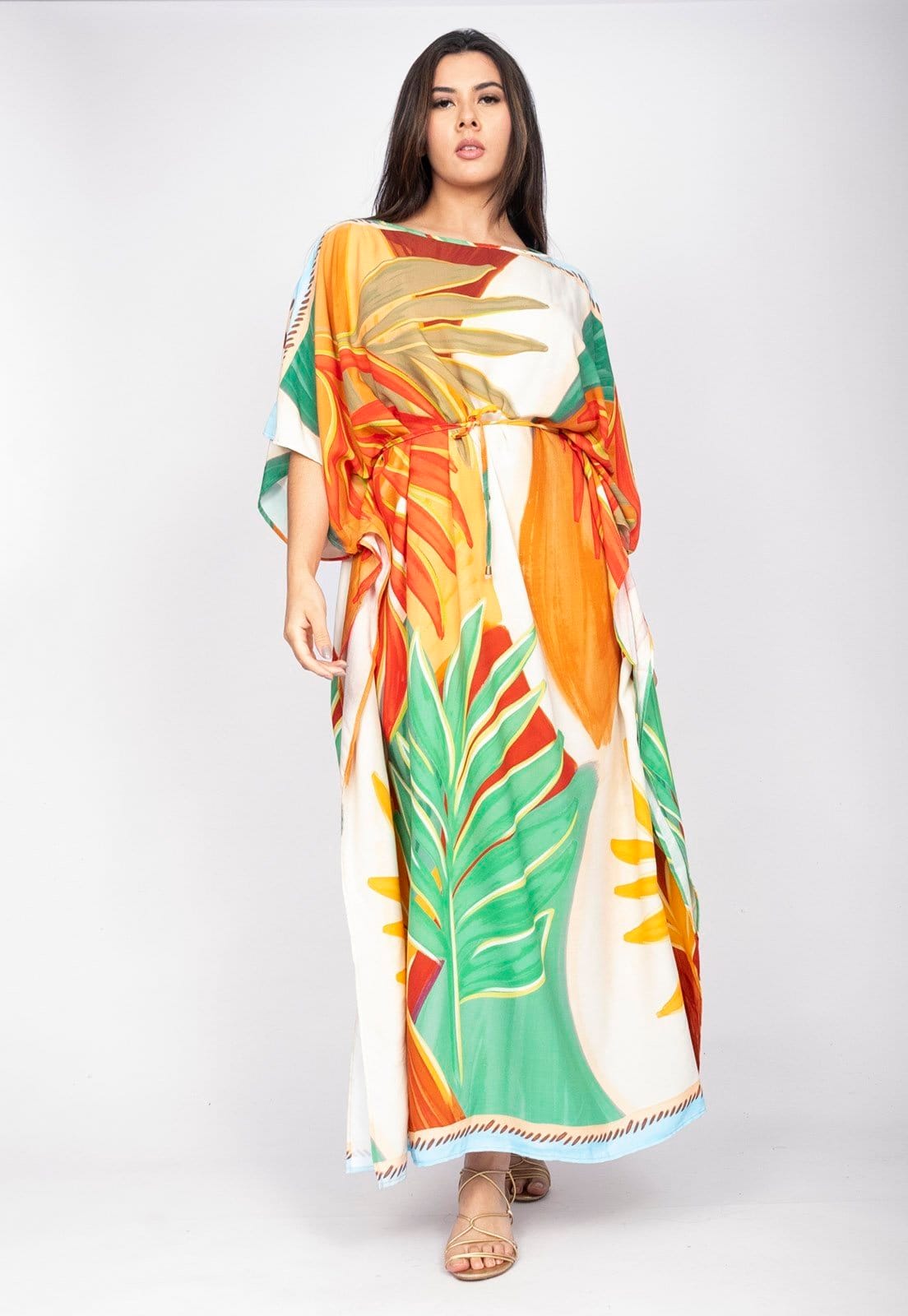 Vista 2 Vestido Amazonia Vital Kaftan Viscose Longo Estampa Jardim do Sol Amazonia Vital amarelo/branco/estampado