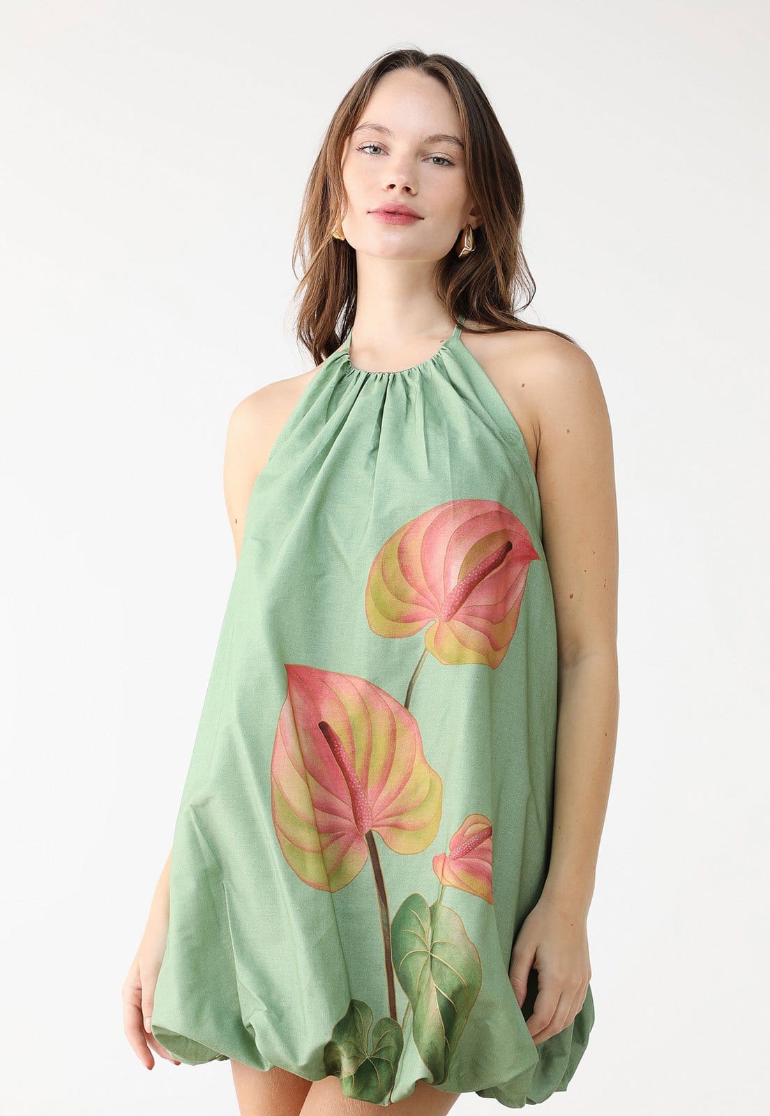 Vista principal Vestido Frente Única FARM Curto Balonê Anturio FARM verde