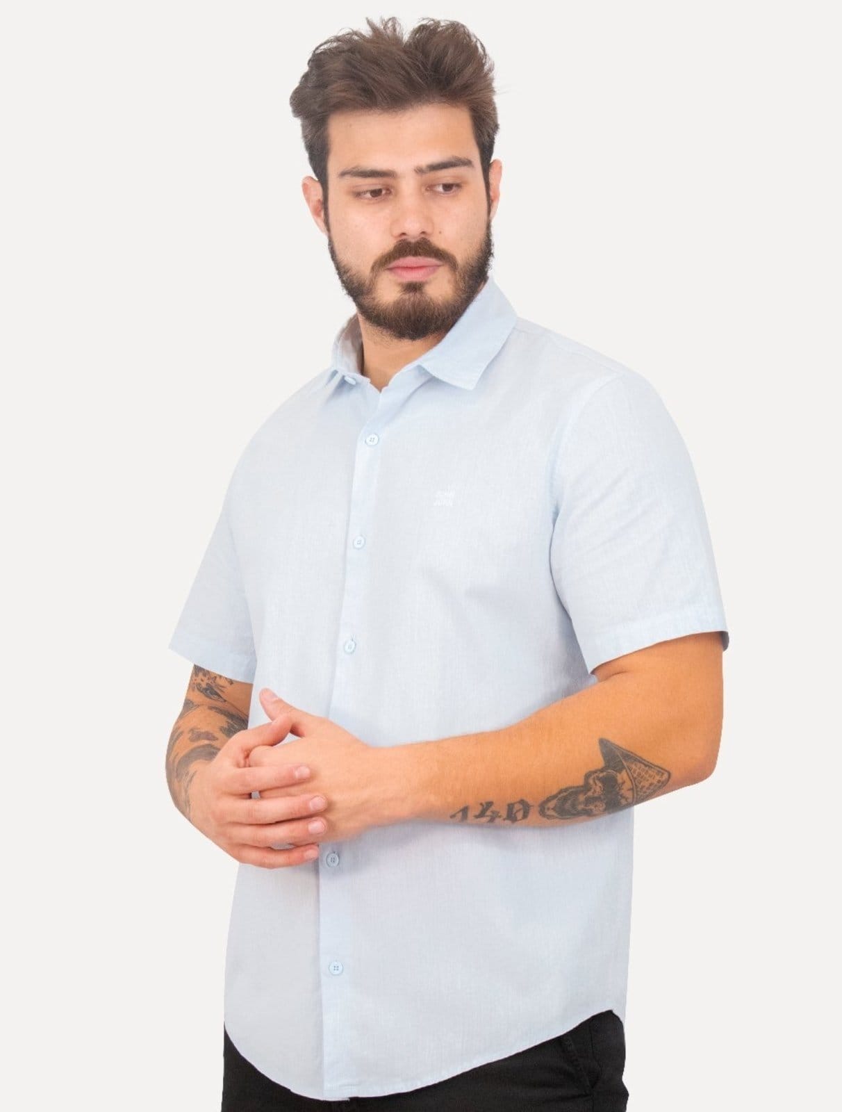 Camisa John John Masculina Regular Manga Curta Marc Linen Blend Claro