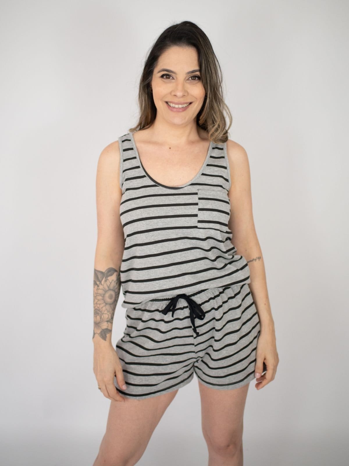 Pijama Feminino Regata Luana Mescla Listrado - Preto