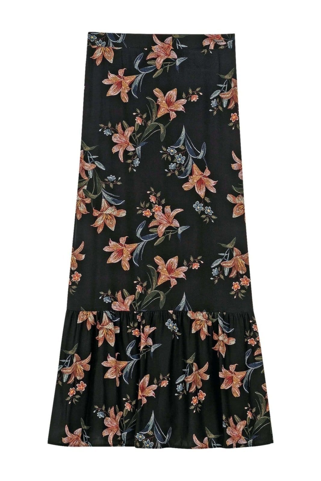 Vista 2 Saia Feminina Midi Babado Floral Marialícia Marialícia preto