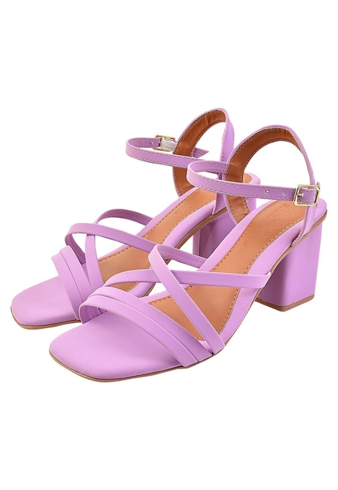 Vista 2 Sandália Salto Bloco Quadrado Donna Santa Tiras Finas Cruzadas Lilás Donna Santa roxo