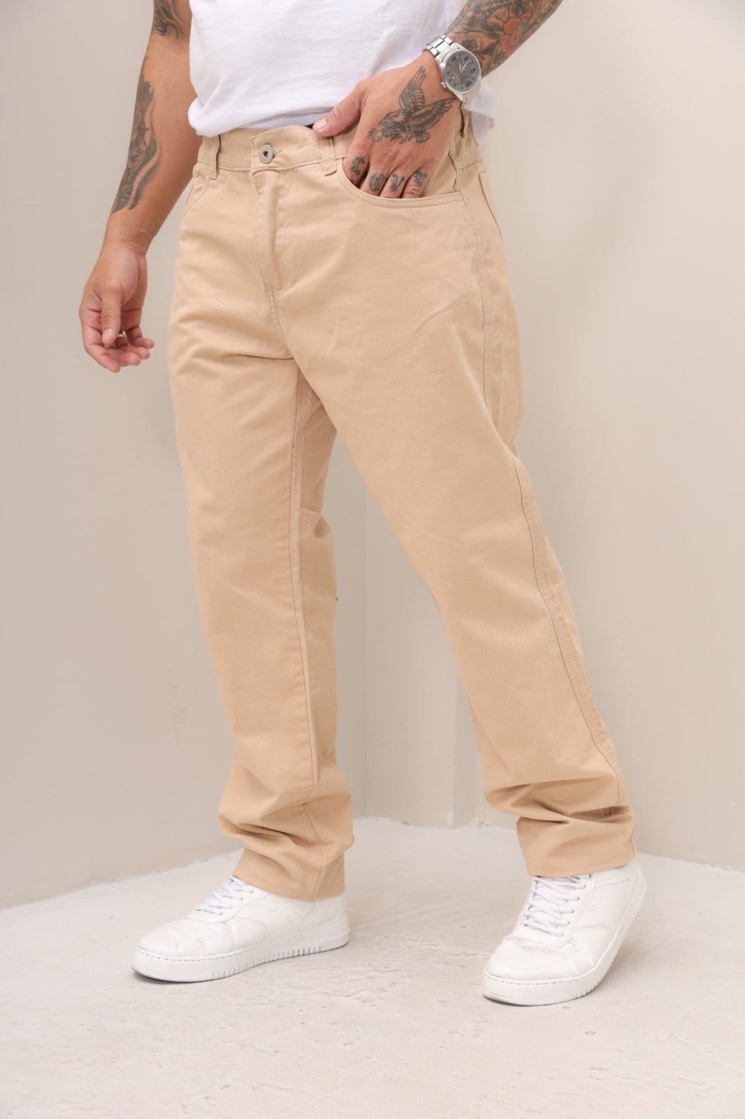 Vista principal Calça Creme Sarja Masculina Alleppo Jeans bege