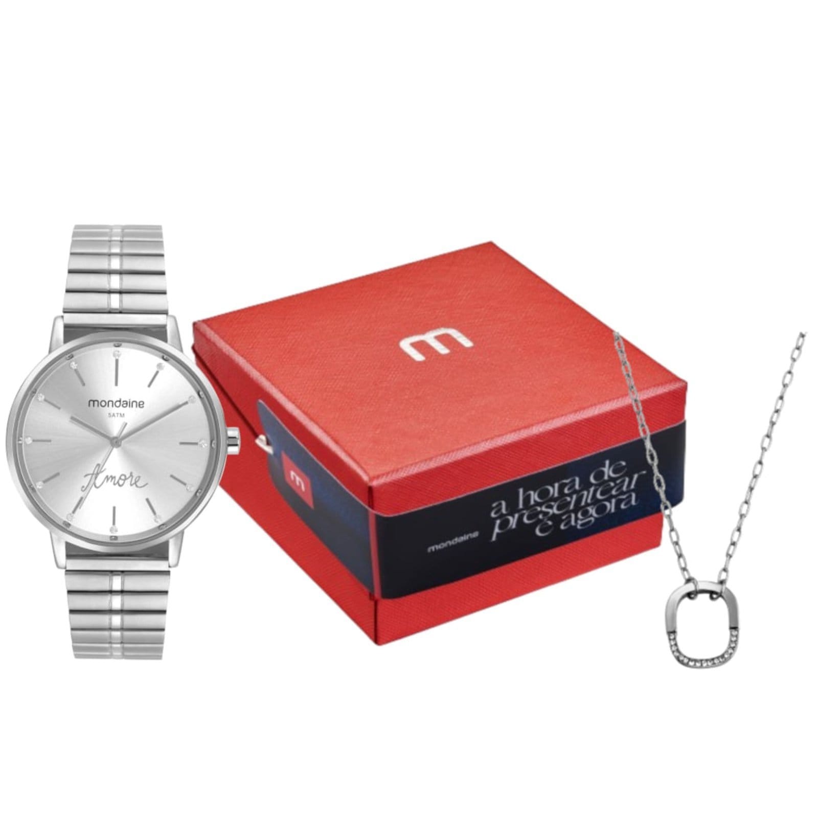 Vista principal Kit Relógio Feminino Cristais Com Colar Mondaine prata
