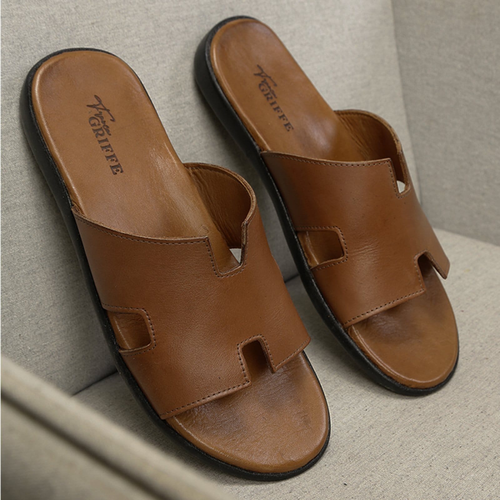 Chinelo Slide Masculino Couro Legítimo Verão Conforto Forro Macio Ultra Leve Tabaco