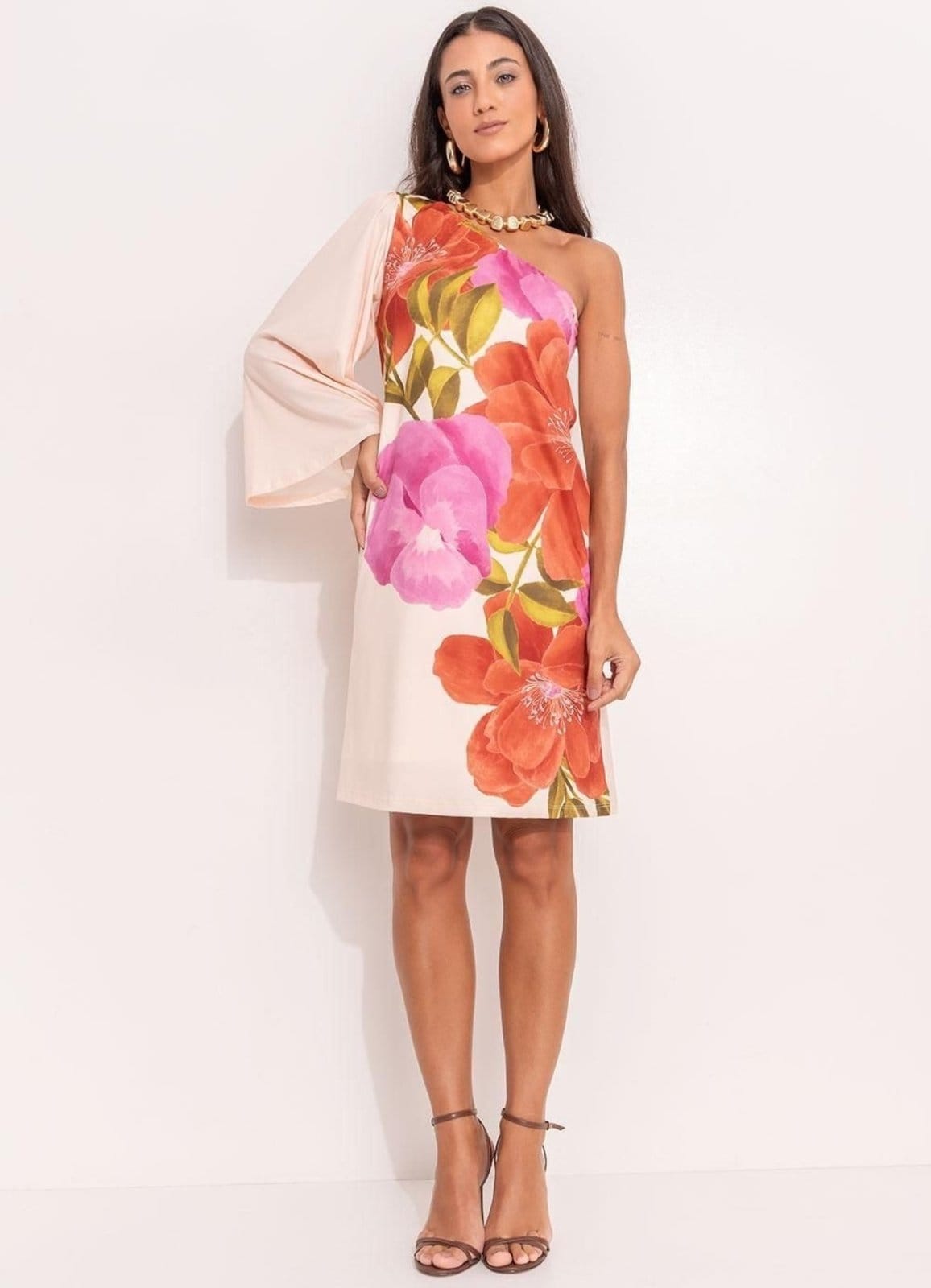 Vestido Malha Fria Floral Localizado Colorido