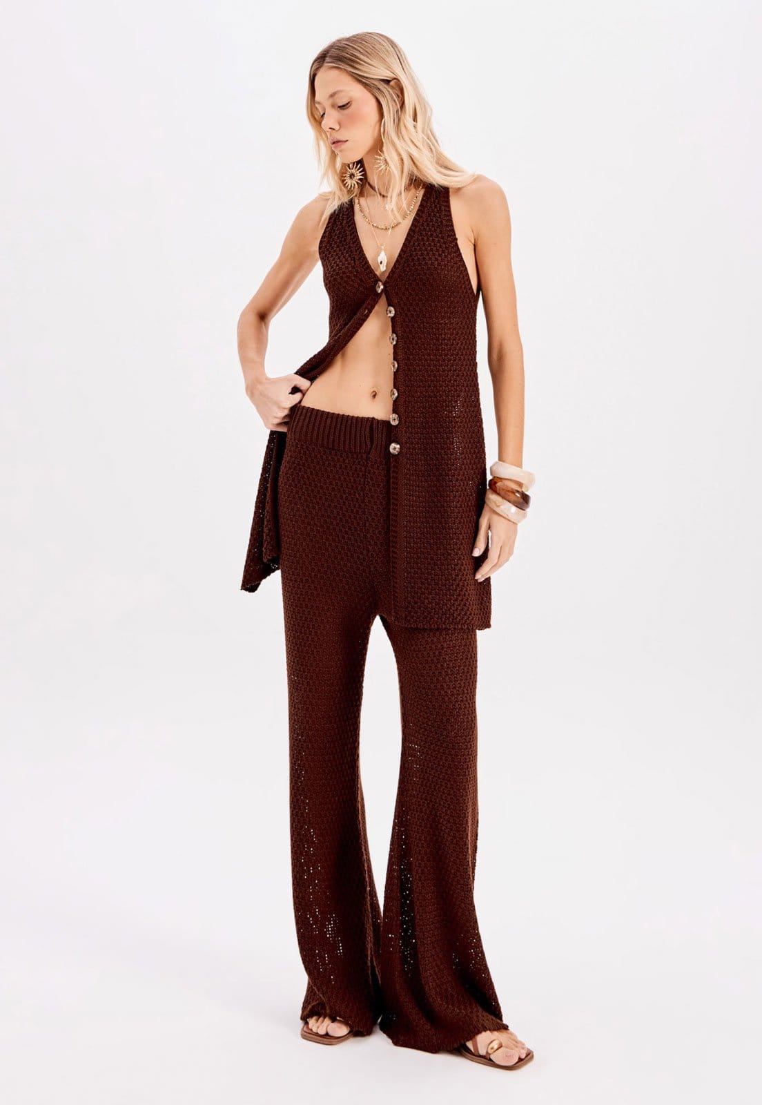 Vista 2 Calça Tricot My Favorite Reta Vazada My Favorite marrom