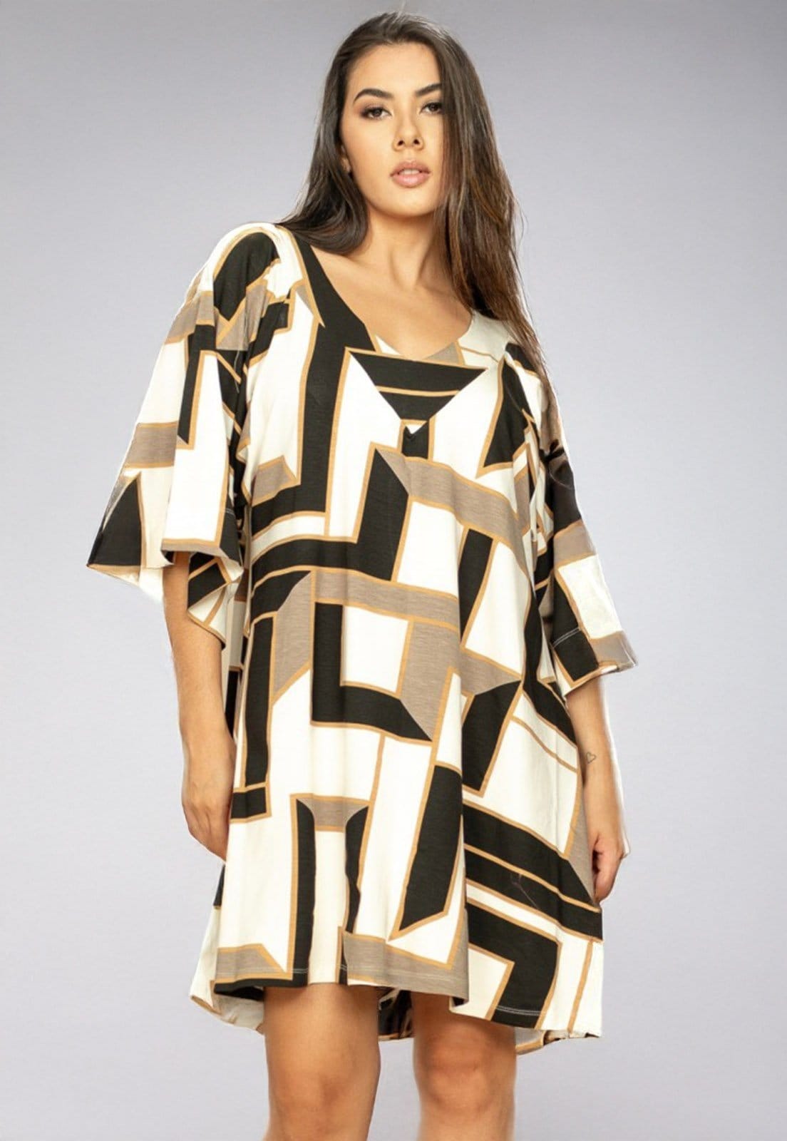 Vista principal Vestido Cabanafree Curto Amplo Malha Estampa Igaci Cabanafree branco/estampado/preto