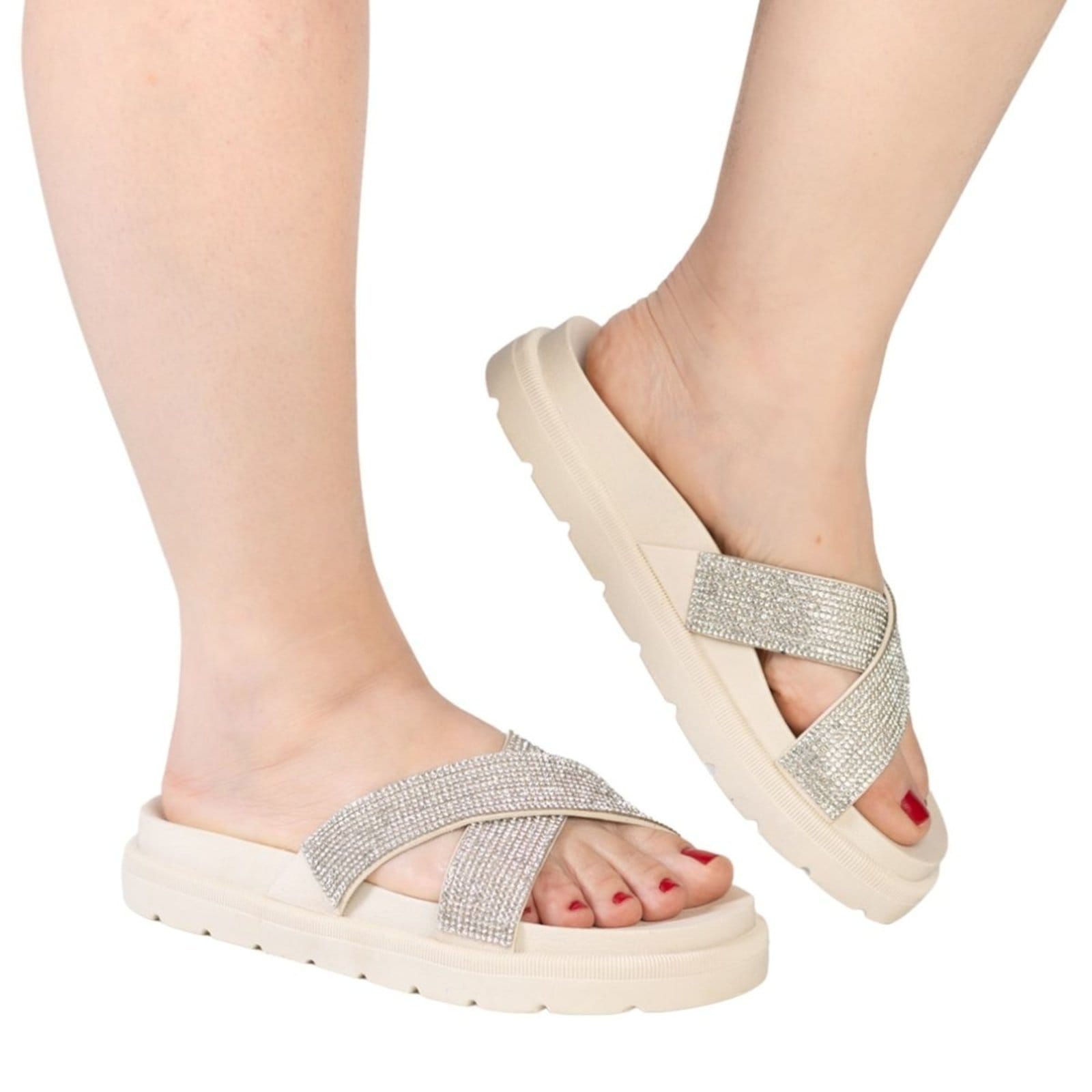 Vista 2 Tamanco Feminino Flatform Plataforma X Strass Dia a Dia Confortável Via Angel 8301 Off White VIA ANGEL off-white white