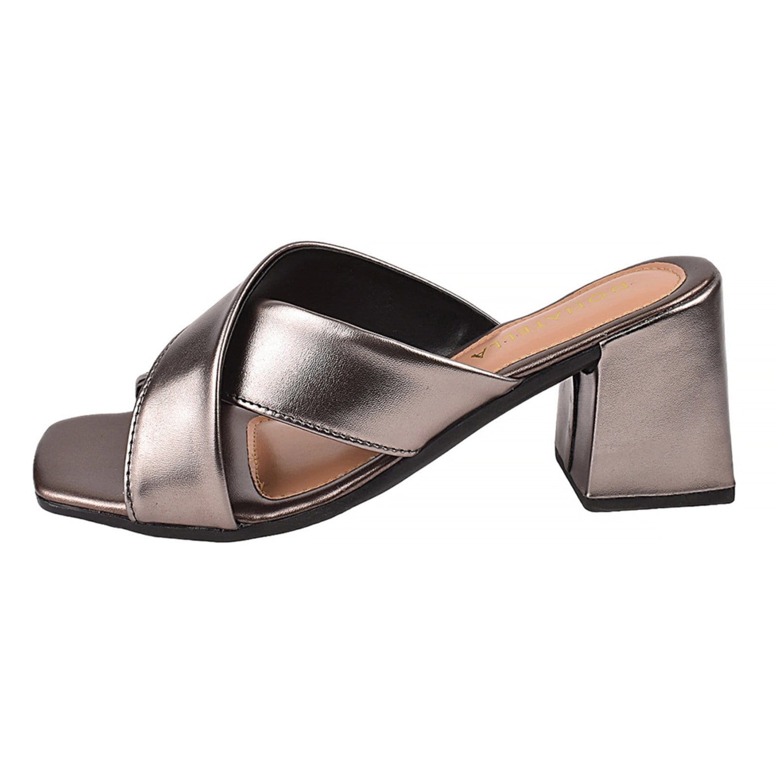 Vista 2 Sandália Feminina Tamanco CM Calçados Bico Quadrado Salto Alto Cruzada Metalizada Monte Shoes prata velho